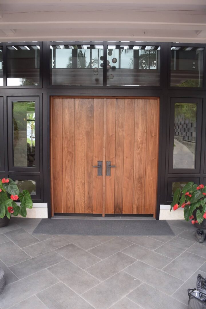 A closed custom wood entrance door